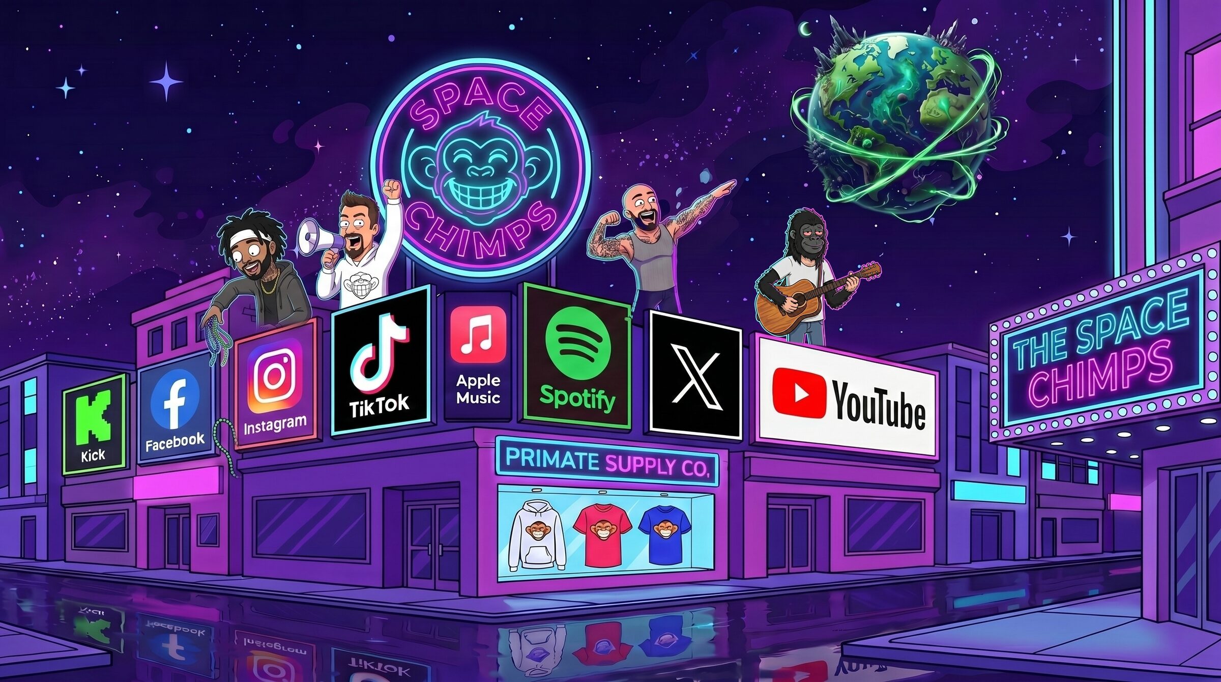 The Space Chimps on a neon alien-city rooftop above the Primate Supply Co. storefront: PHRASE on a megaphone, Eugene Komplete tossing beads, Brandon flexing, over a row of streaming and social billboards